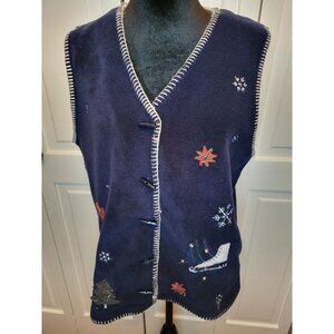Navy Fleece Christmas Vest Embroidered Carolyn Taylor L Festive Party Cottage